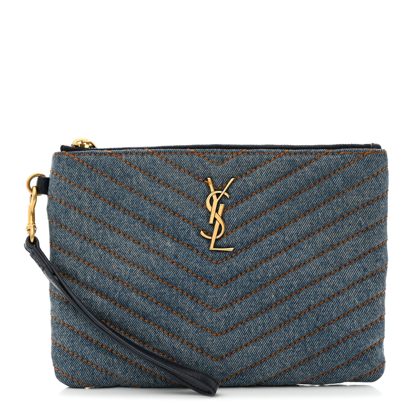 Denim Matelasse Chevron Monogram A5 Wristlet Blue