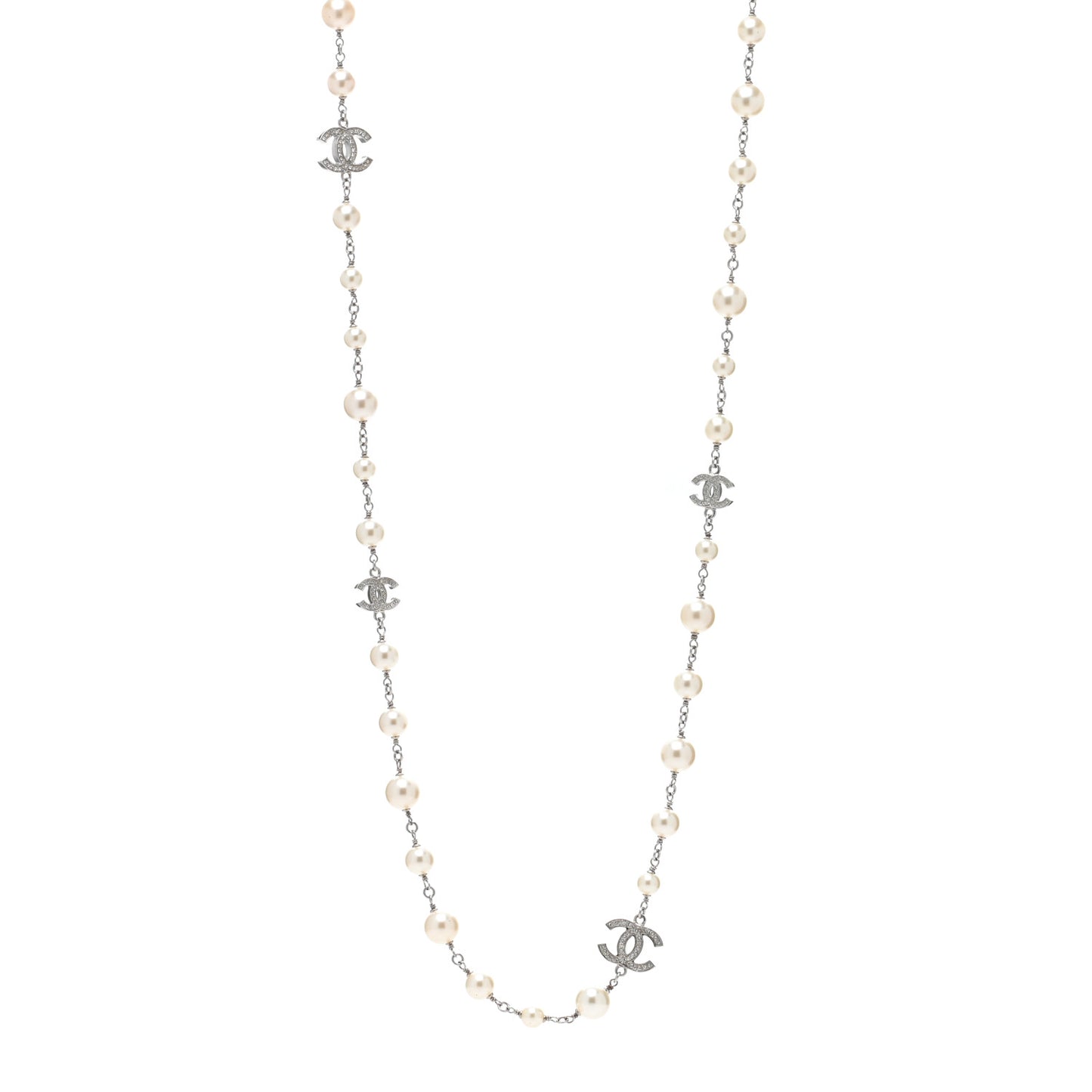 Crystal Pearl CC Long Necklace Silver