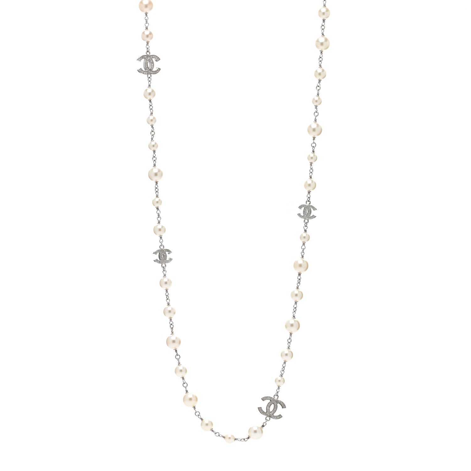 Chanel Crystal Pearl CC Long Necklace Silver 1 of 4