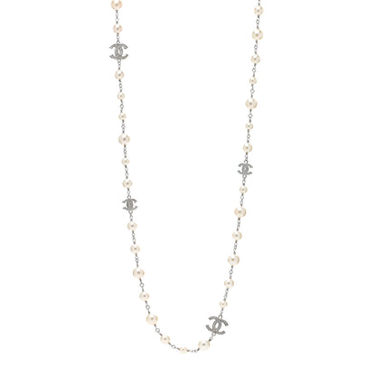 Chanel Crystal Pearl CC Long Necklace Silver 1 of 4
