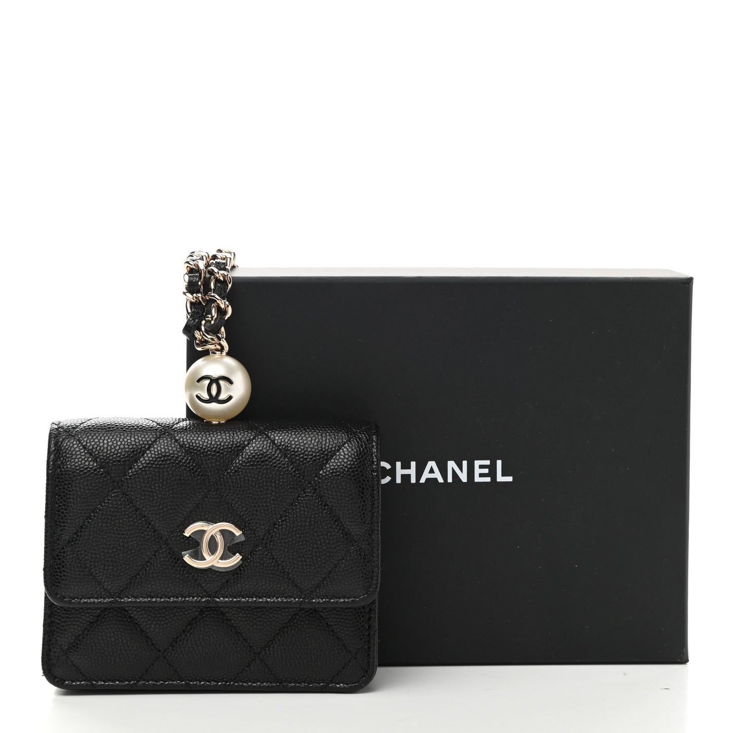 Caviar Quilted Mini Pearl On Top Coin Purse With Chain Black