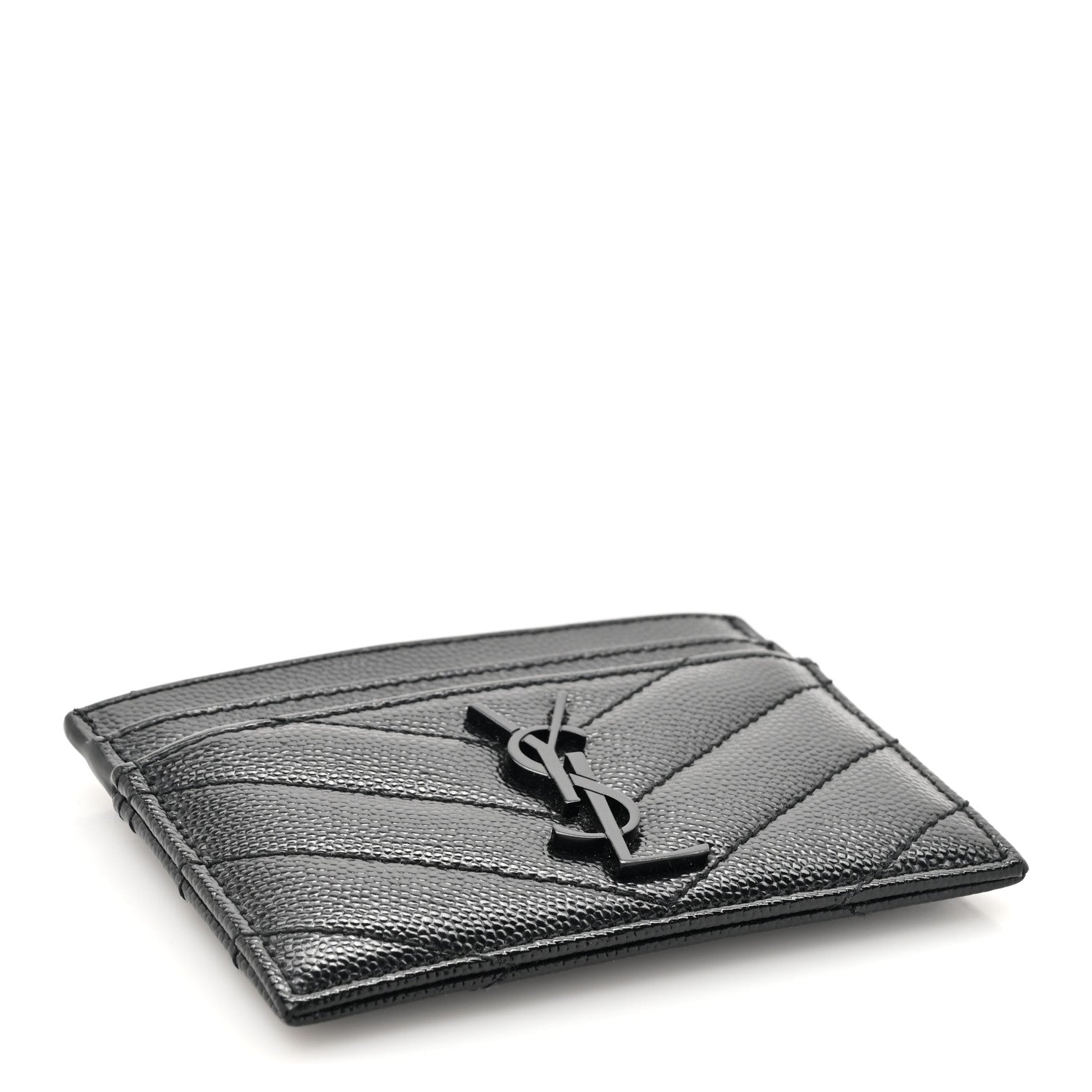 Saint Laurent Grain De Poudre Matelasse Chevron Monochrome Monogram Credit Card Case Black 4 of 7
