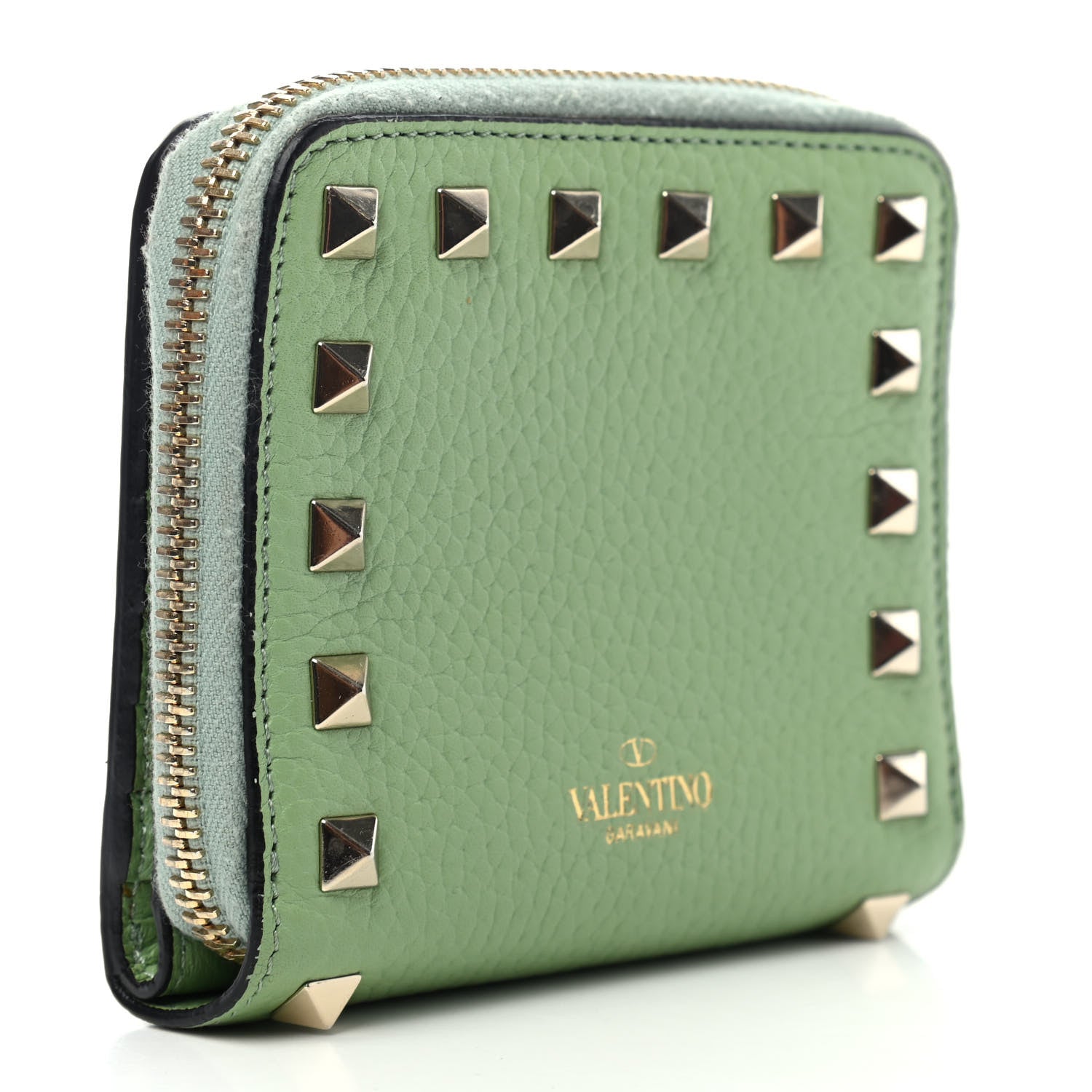 Valentino Garavani Pebbled Calfskin Rockstud Compact Zip Around Wallet Powder Green 2 of 4