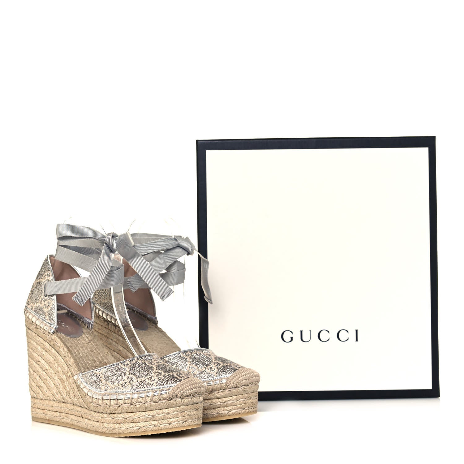 Gucci Lame GG Monogram Ankle Wrap Platform Espadrille Wedges 37 Silver Beige Light Grey 9 of 9