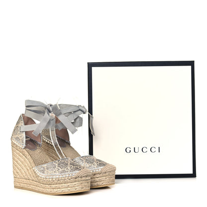 Gucci Lame GG Monogram Ankle Wrap Platform Espadrille Wedges 37 Silver Beige Light Grey 9 of 9