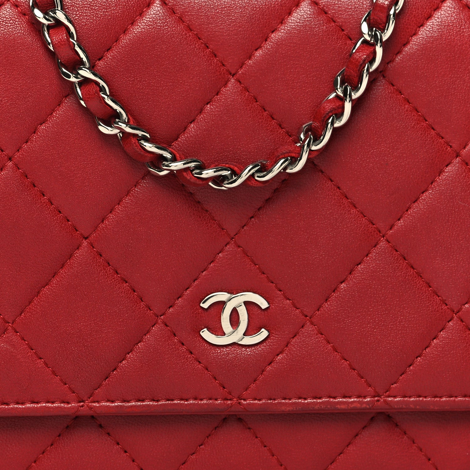 Chanel Lambskin Quilted Wallet On Chain WOC Red 9 of 12
