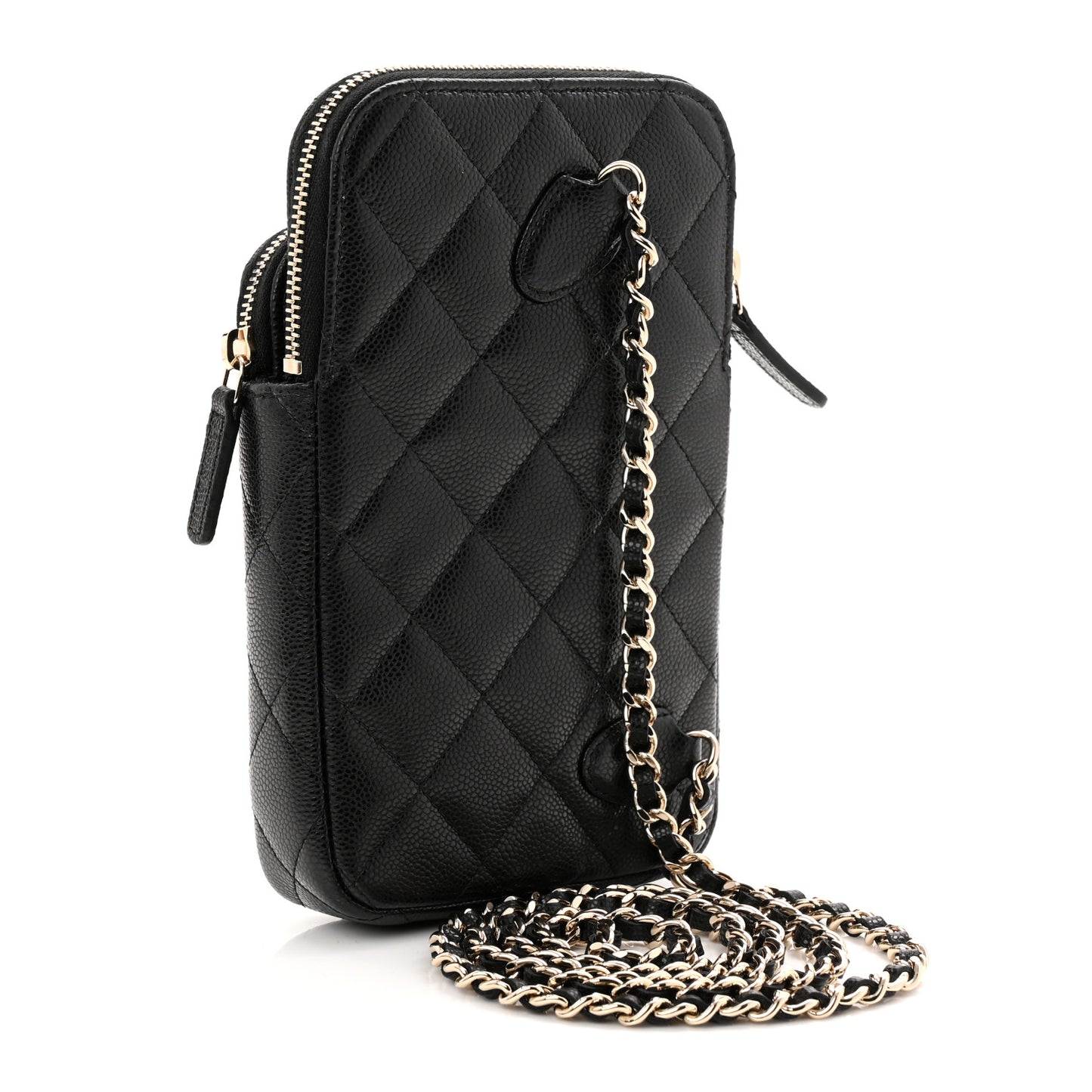 Caviar Quilted Phone Holder With Chain Black