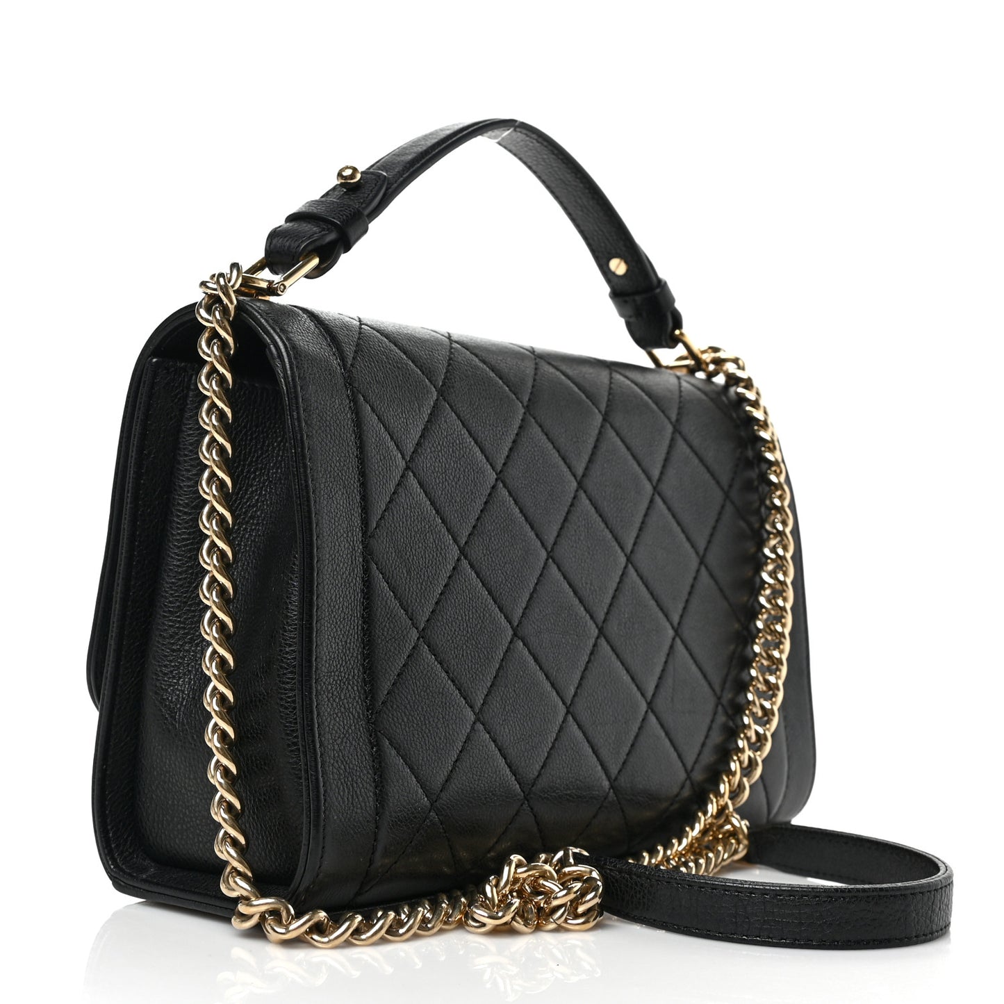 Grained Calfskin Quilted Medium Label Click Flap Bag Black