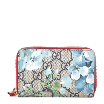 Gucci GG Supreme Monogram Blooms Zip Around Card Case Wallet Beige Blue Navy Hibiscus Red 1 of 7