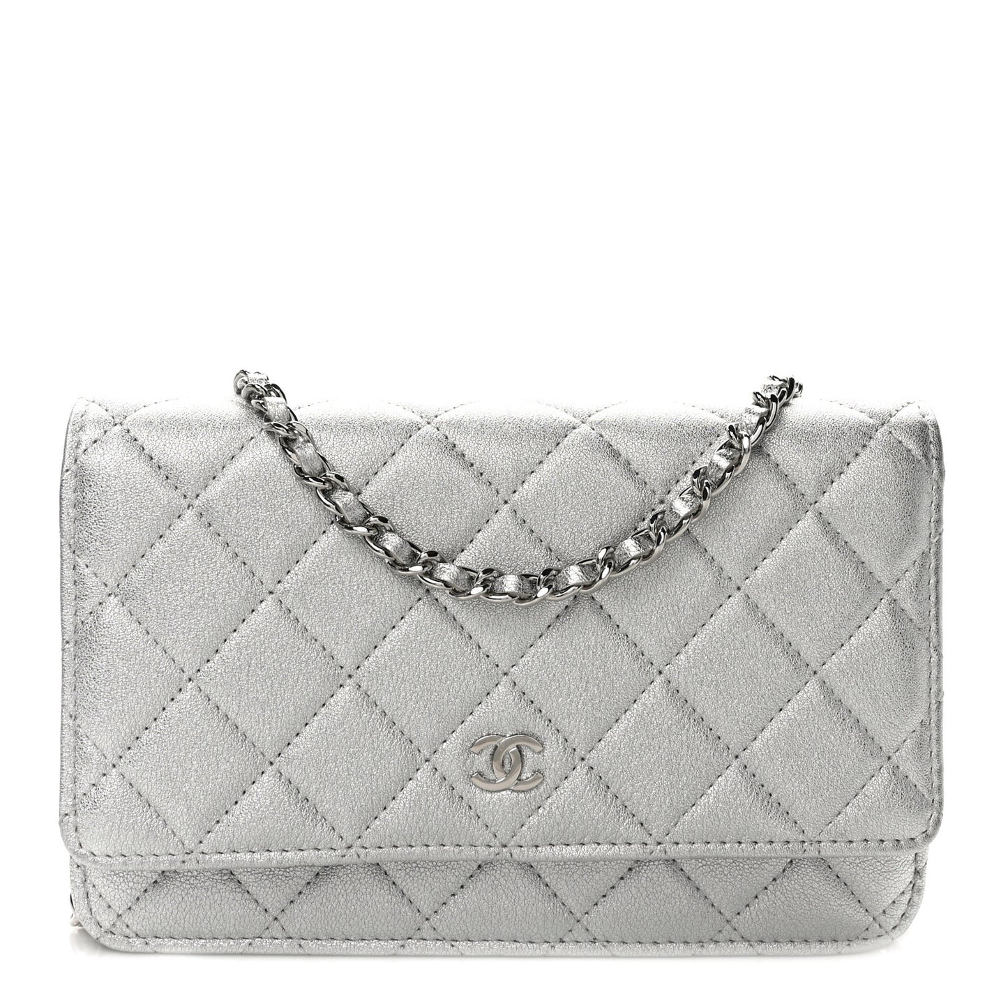 Metallic Lambskin Quilted Wallet On Chain WOC Silver