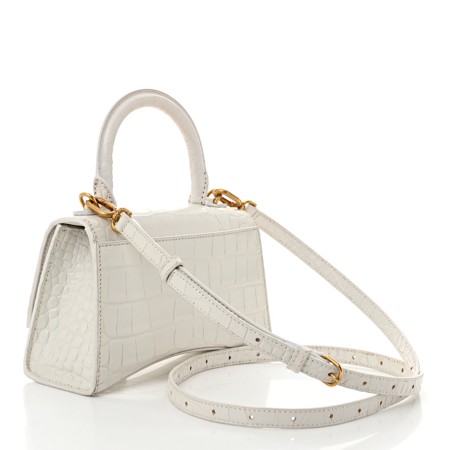 Balenciaga Shiny Calfskin Crocodile Embossed Hourglass Top Handle Bag XS White 3 of 12