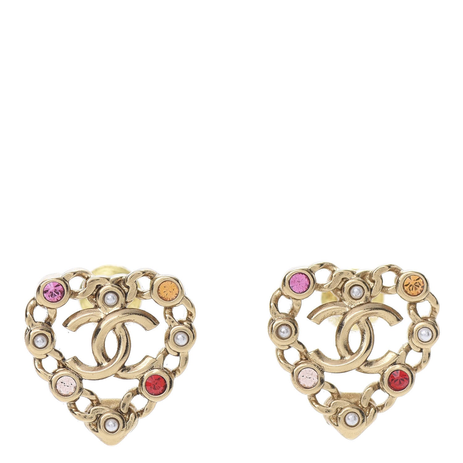 Chanel Pearl Crystal CC Heart Earrings Gold Multicolor 1 of 5