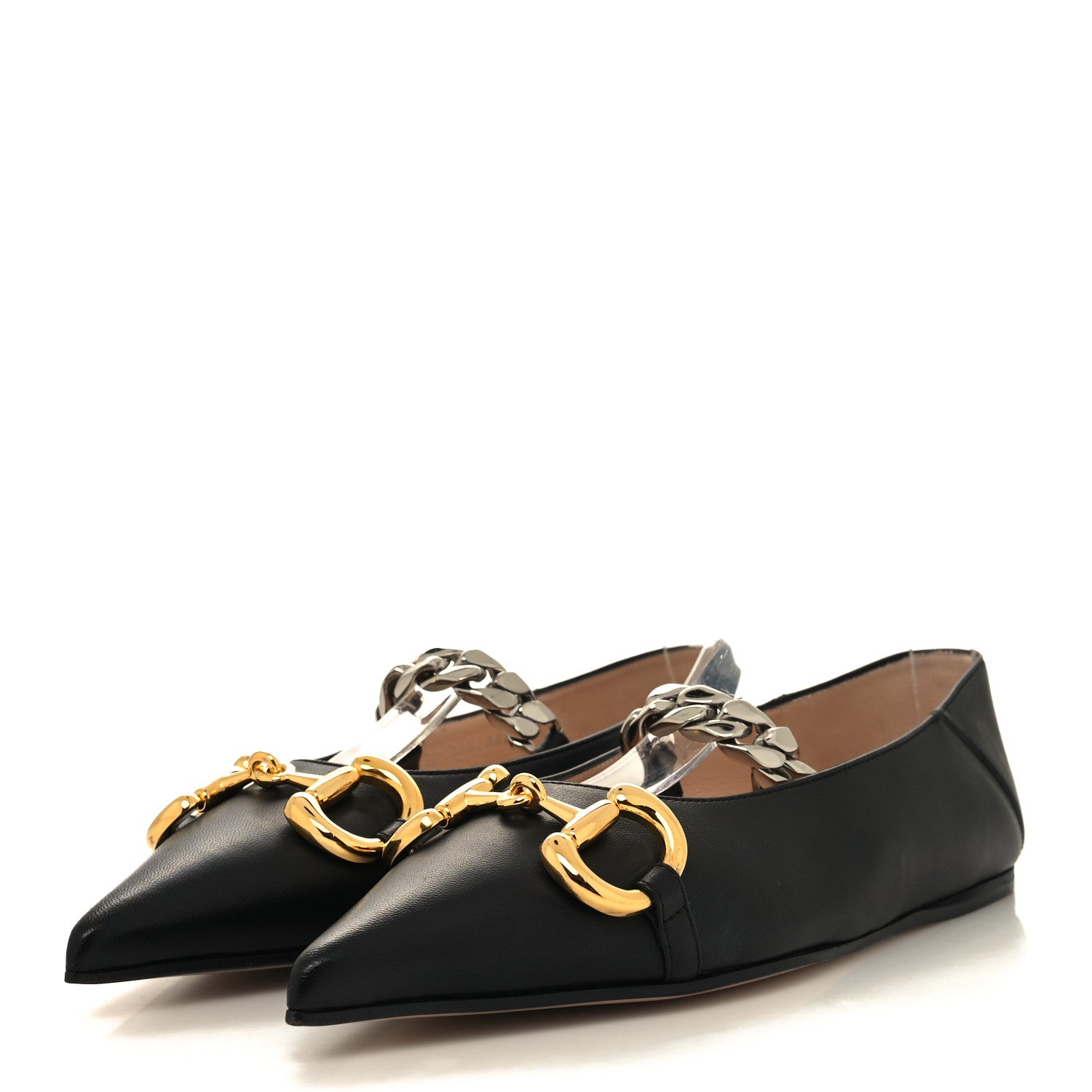 Gucci Nappa Lumiere Deva Horsebit Chain Embellished Flats 35.5 Black 3 of 9