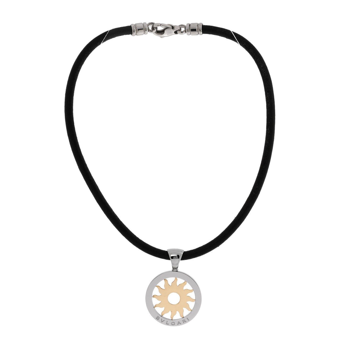 18K Yellow Gold Stainless Steel Calfskin Tondo Sun Pendant Necklace Black