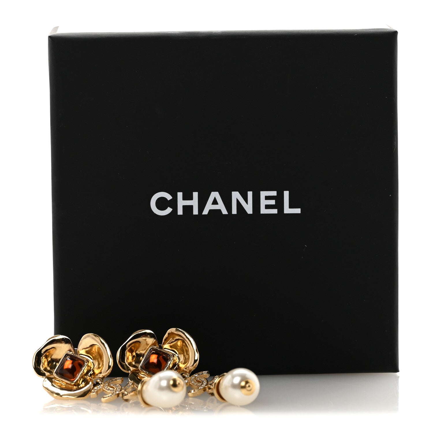 Chanel Metal Resin Pearl CC Camellia Drop Earrings Gold Brown Pearly White 5 of 5
