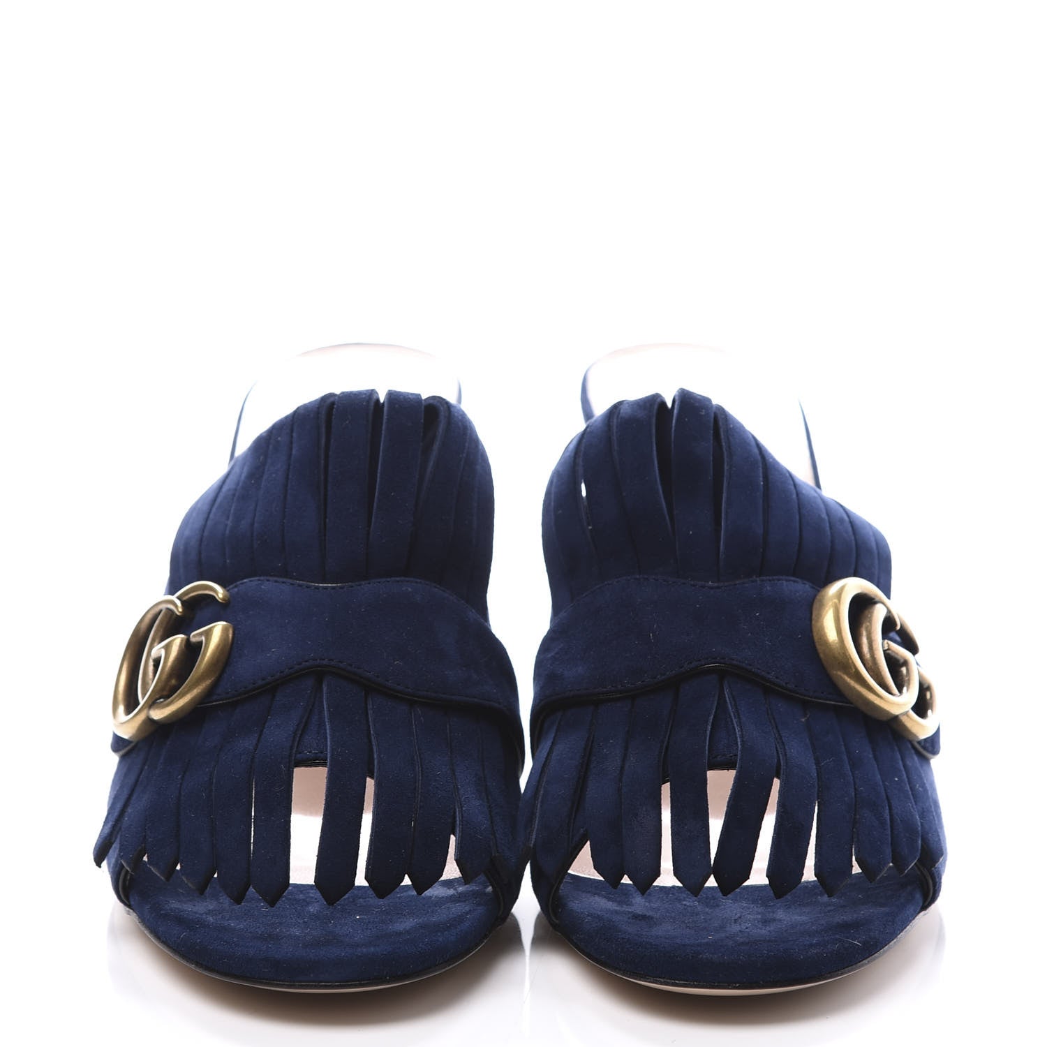 Gucci Kid Scamosciato GG Marmont Fringe 75mm Slide Sandals 38 Blue Ink 3 of 10