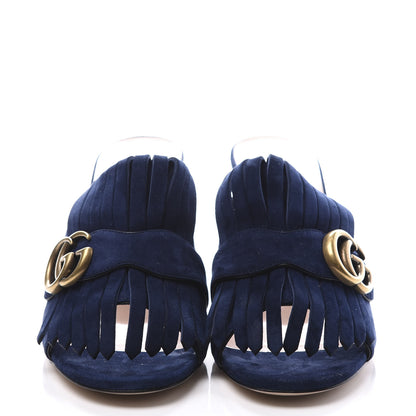 Gucci Kid Scamosciato GG Marmont Fringe 75mm Slide Sandals 38 Blue Ink 3 of 10