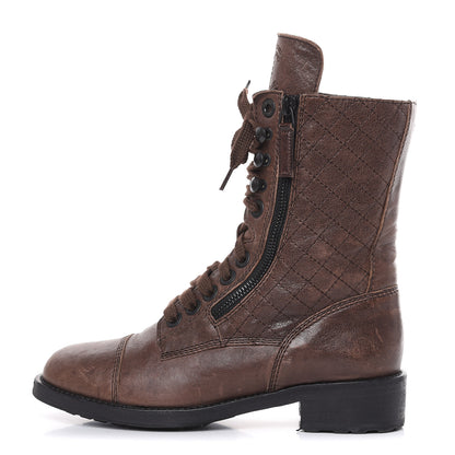 Chanel Sheepskin Quilted CC Tall Lace Up Combat Boots 36 Dark Brown 1 of 14