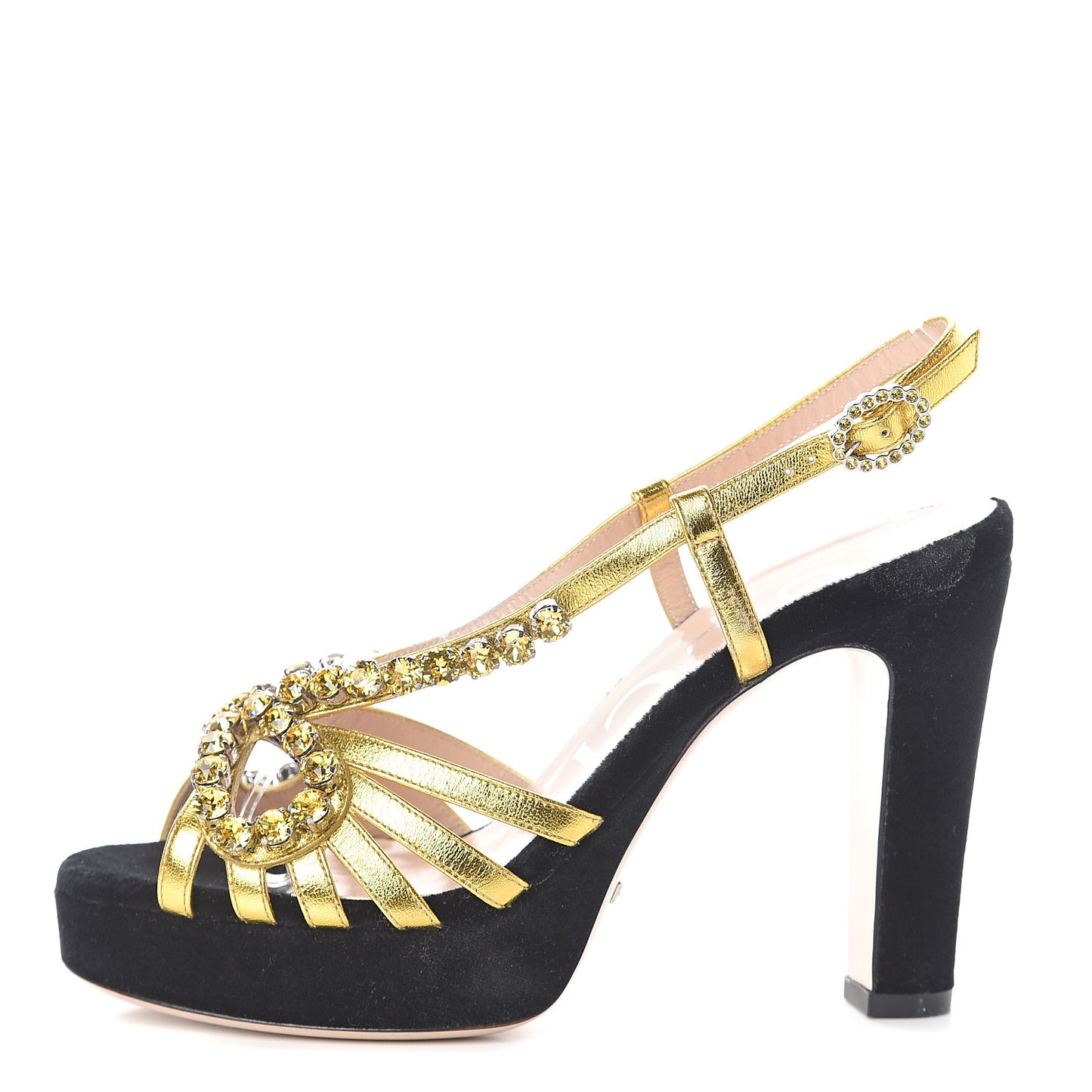 Velvet Nappa Crystal Zephyra Slingback Platform High Heel Sandals 36.5 Black Gold
