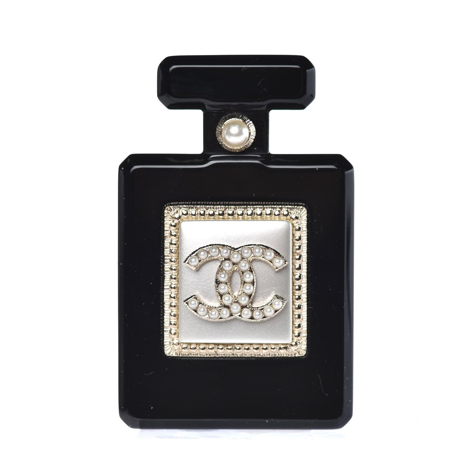 Chanel Resin Pearl Perfume Bottle CC Brooch Black Gold 1 of 4