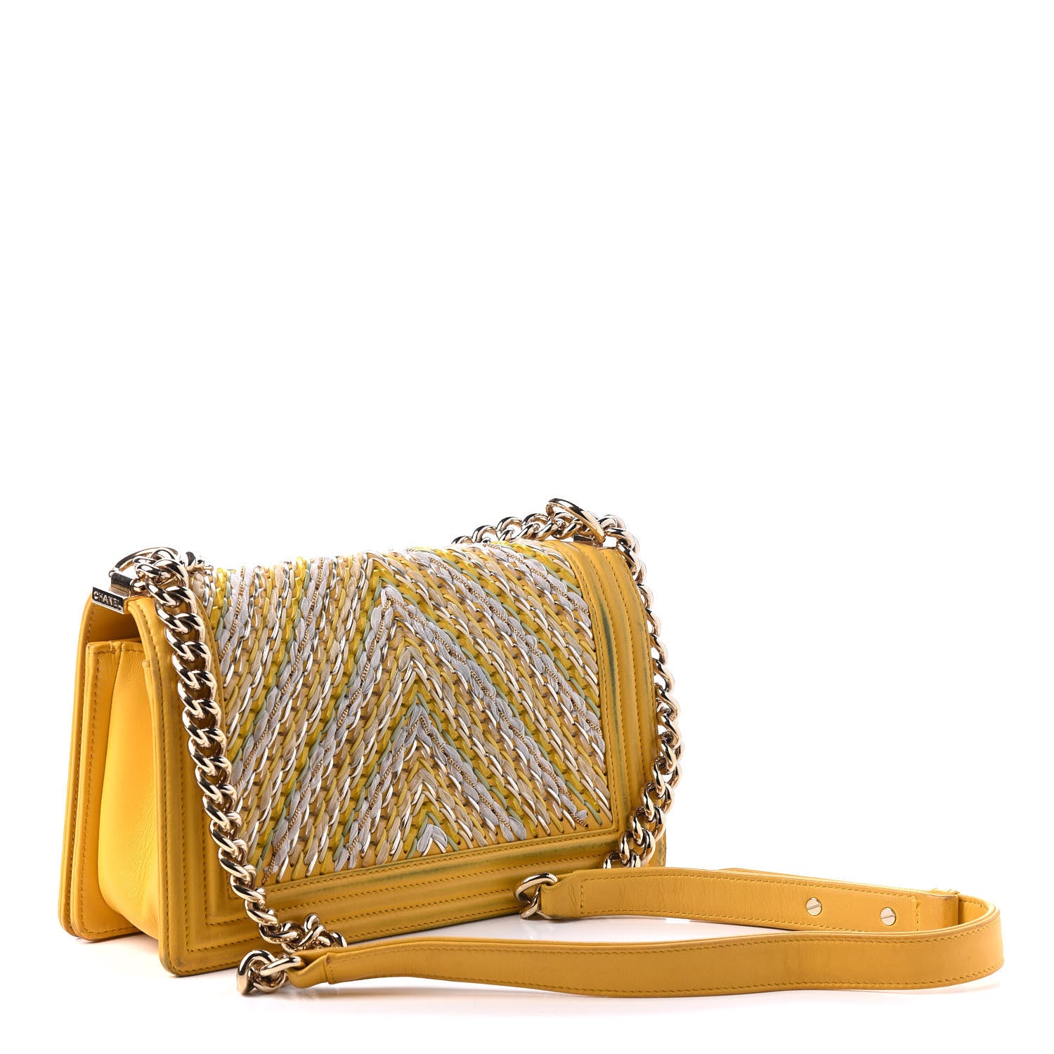 Chanel Calfskin Chevron Embroidered Medium Flap Yellow 2 of 11