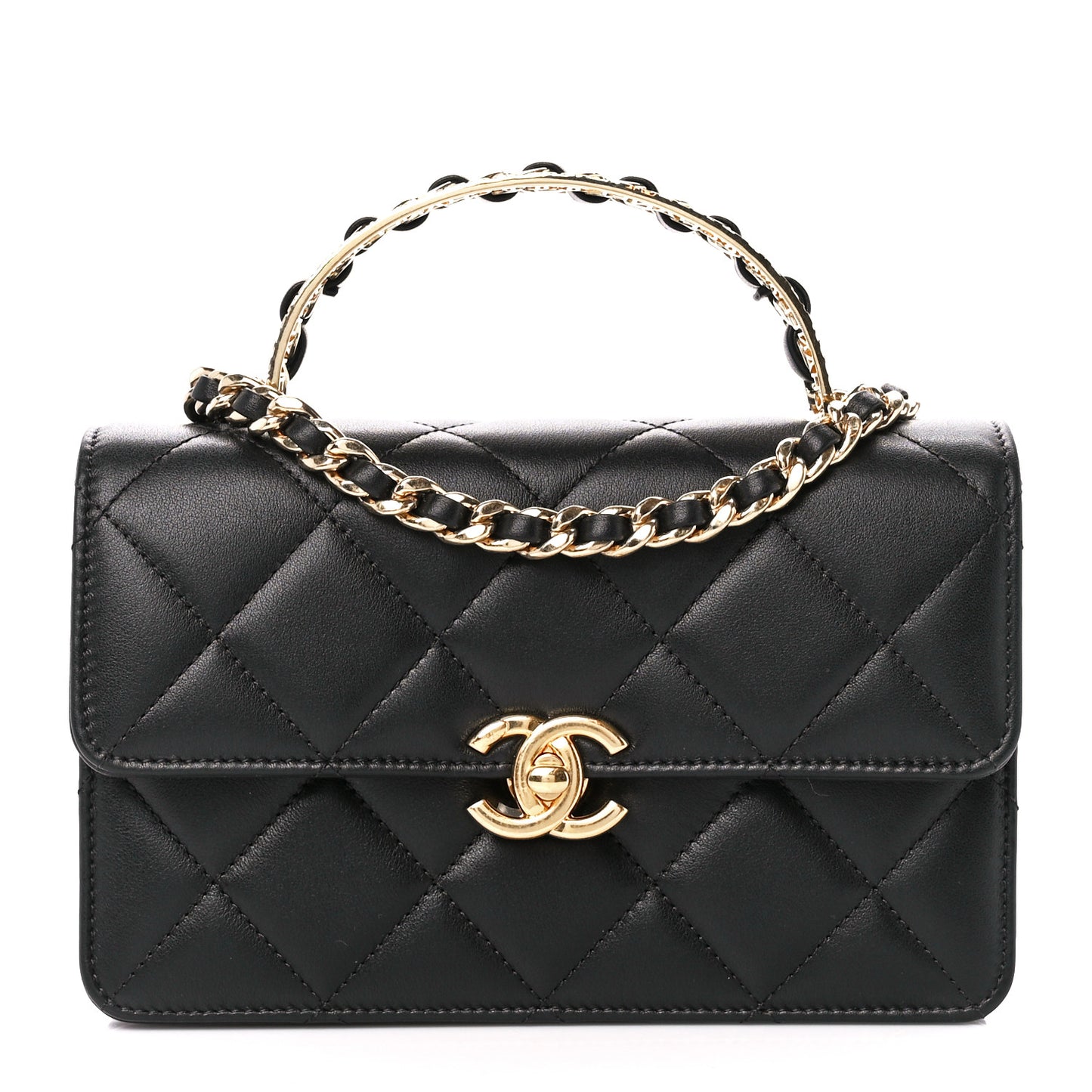 Shiny Calfskin Quilted Mini Metal Top Handle Flap Black