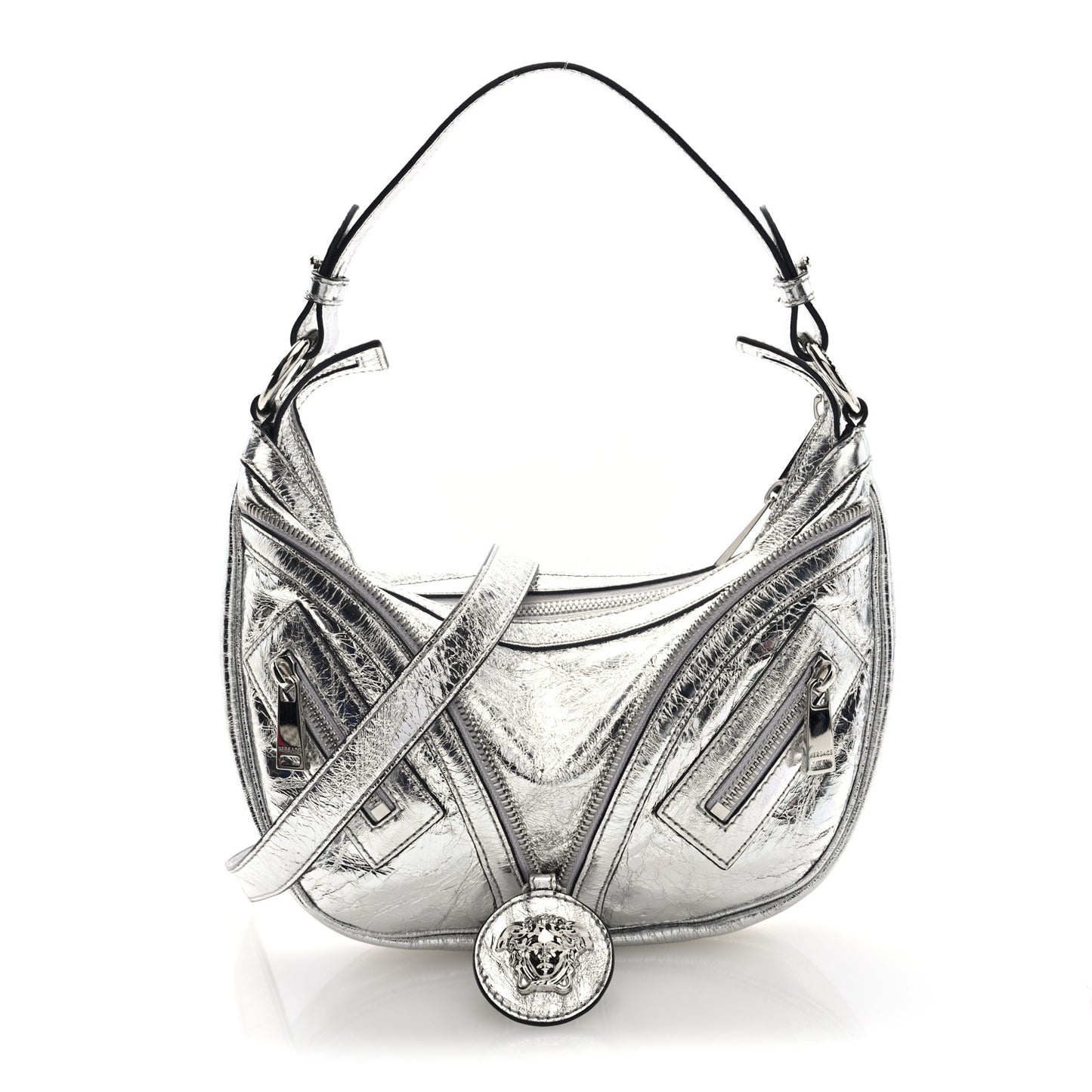 Metallic Calfskin Small Repeat Zip Hobo Silver