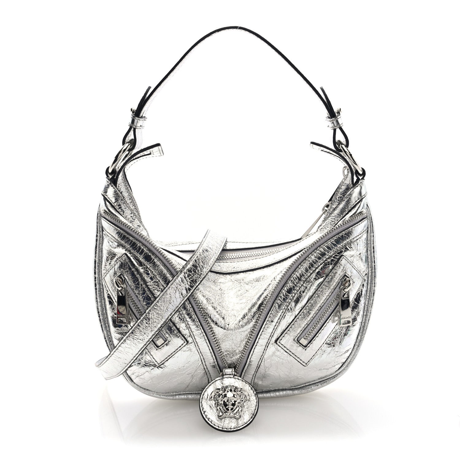 Versace Metallic Calfskin Small Repeat Zip Hobo Silver 1 of 9