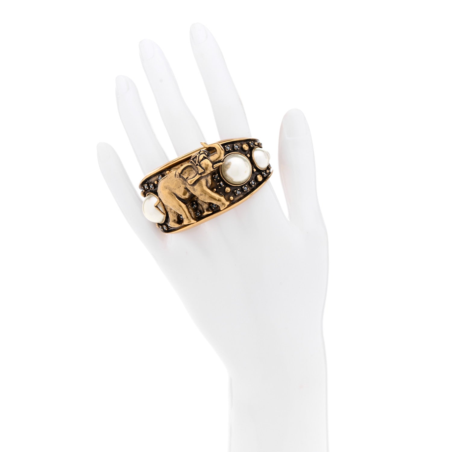 Christian Dior Metal Pearl Crystal Dior D-Wild Elephant Cuff Antique Gold 2 of 5