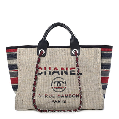 Chanel Striped Canvas Medium Deauville Tote Beige 1 of 12