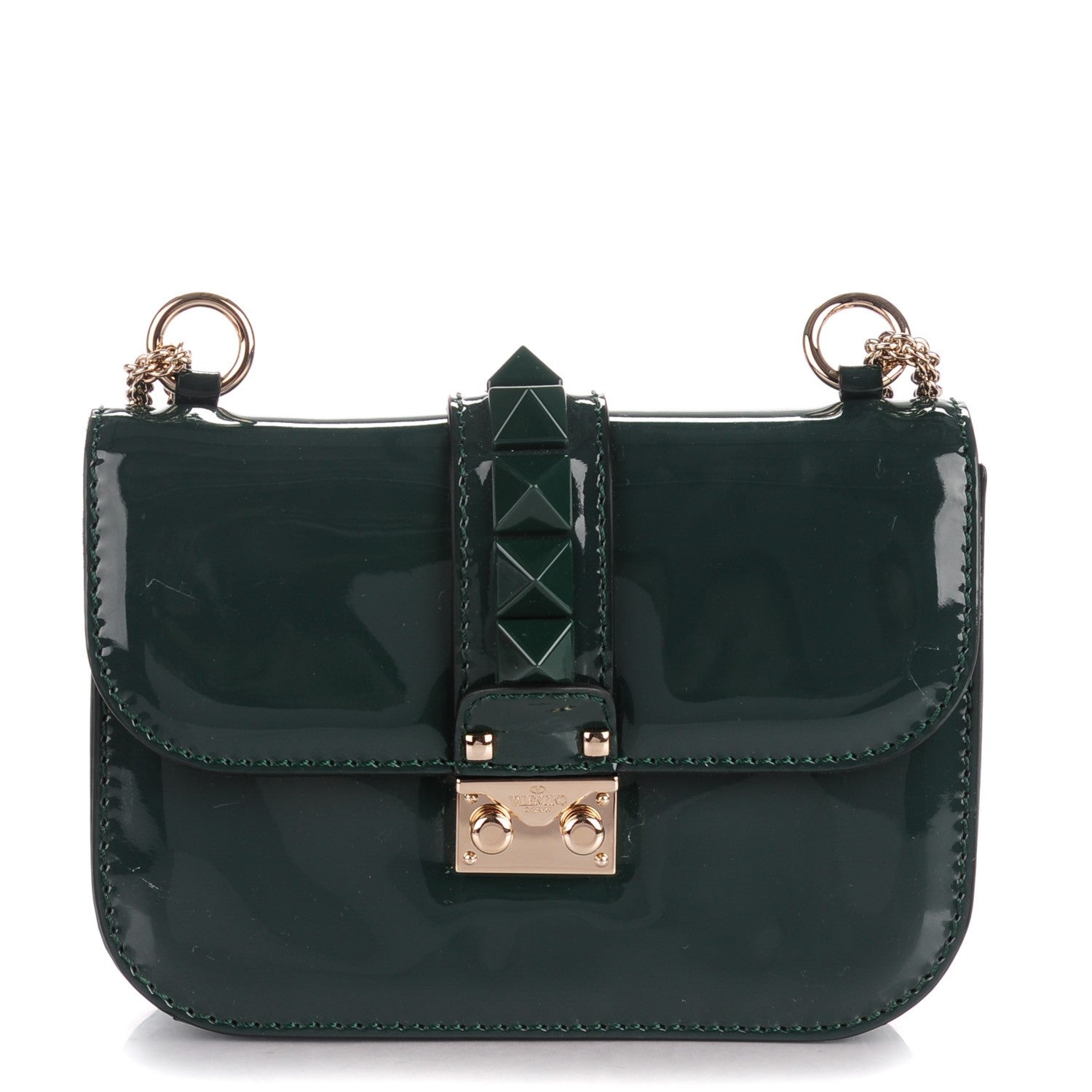 Valentino Garavani Patent Monochrome Mini Glam Lock Rockstud Flap Dark Green 1 of 8