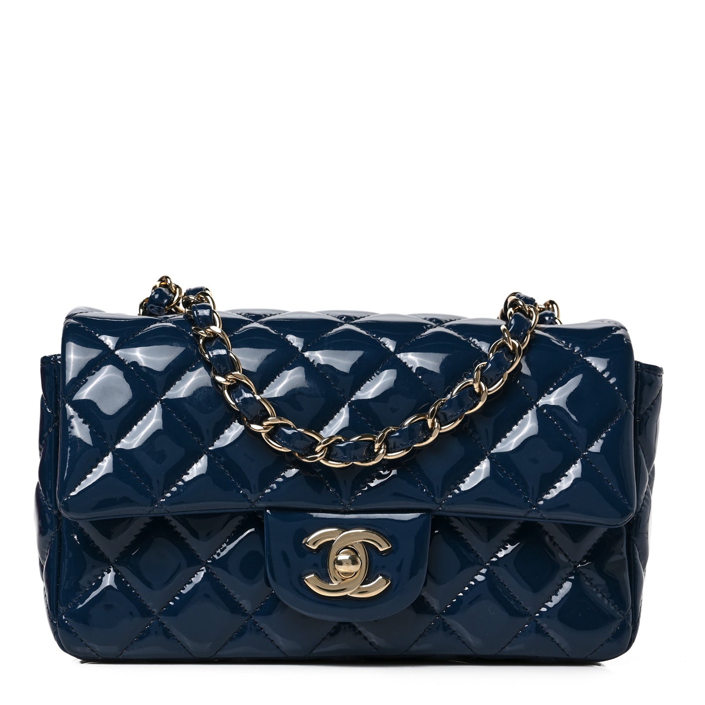 Patent Calfskin Quilted Mini Rectangular Flap Navy Blue