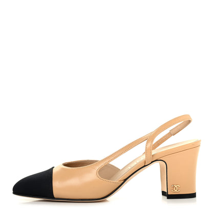 Chanel Lambskin Grosgrain Cap Toe CC Slingback Pumps 36 Beige Black 1 of 4