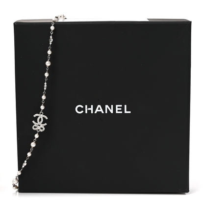 Chanel Pearl Crystal CC Bow Choker Necklace Silver Pearly White 5 of 5