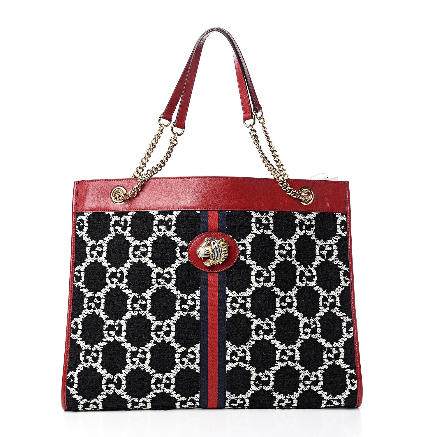 Gucci Tweed GG Monogram Large Rajah Chain Tote Romantic Cherry Black White 2 of 10