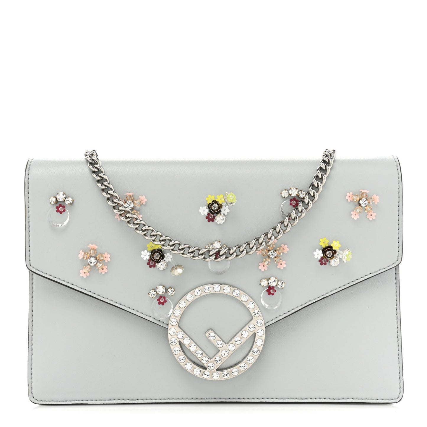Vitello Liberty Crystal Embellished F is Fendi Medium Envelope Wallet on Chain Grigio Perla