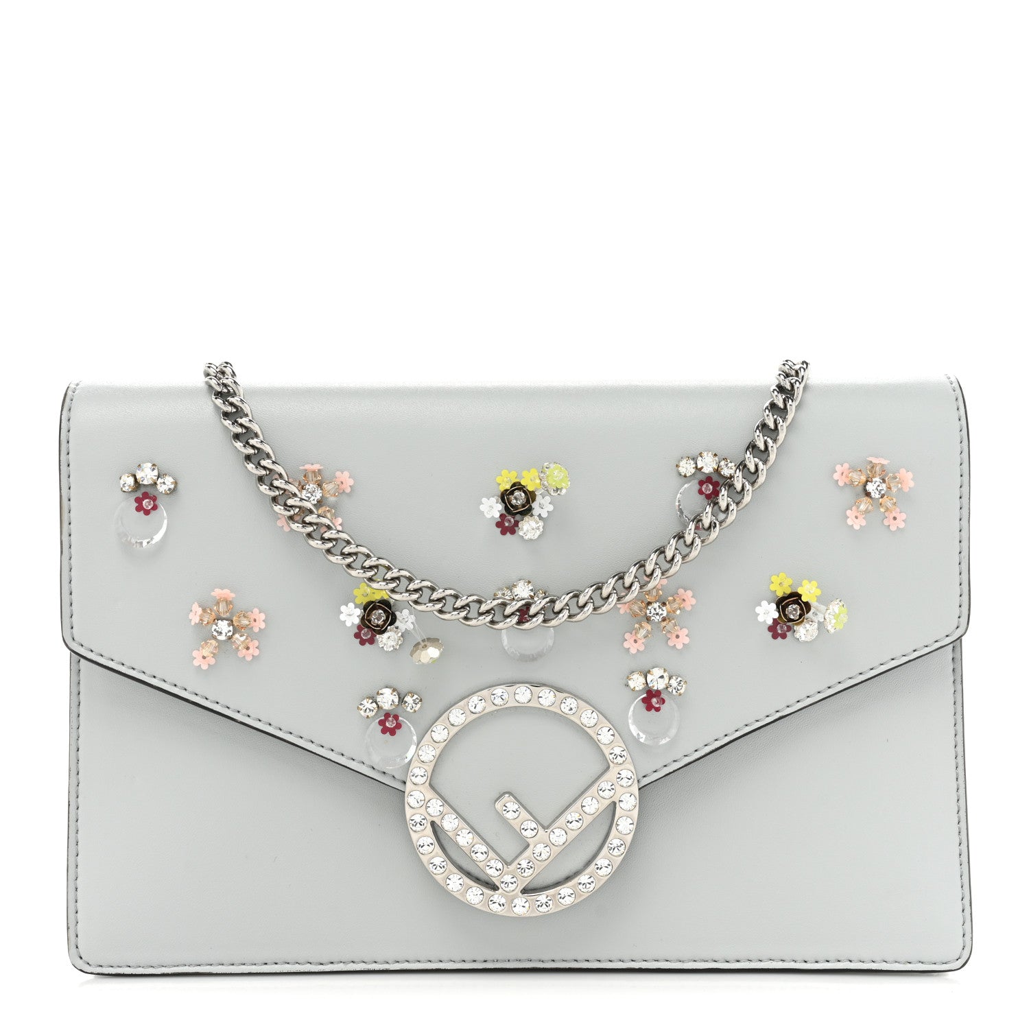 Fendi Vitello Liberty Crystal Embellished F is Fendi Medium Envelope Wallet on Chain Grigio Perla 1 of 14