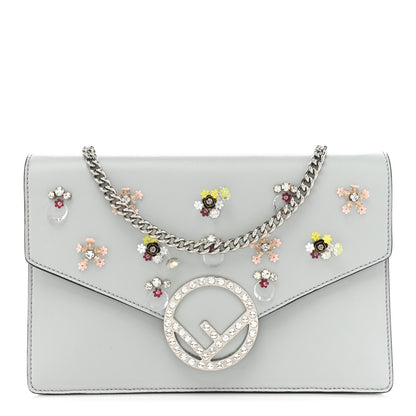 Fendi Vitello Liberty Crystal Embellished F is Fendi Medium Envelope Wallet on Chain Grigio Perla 1 of 14