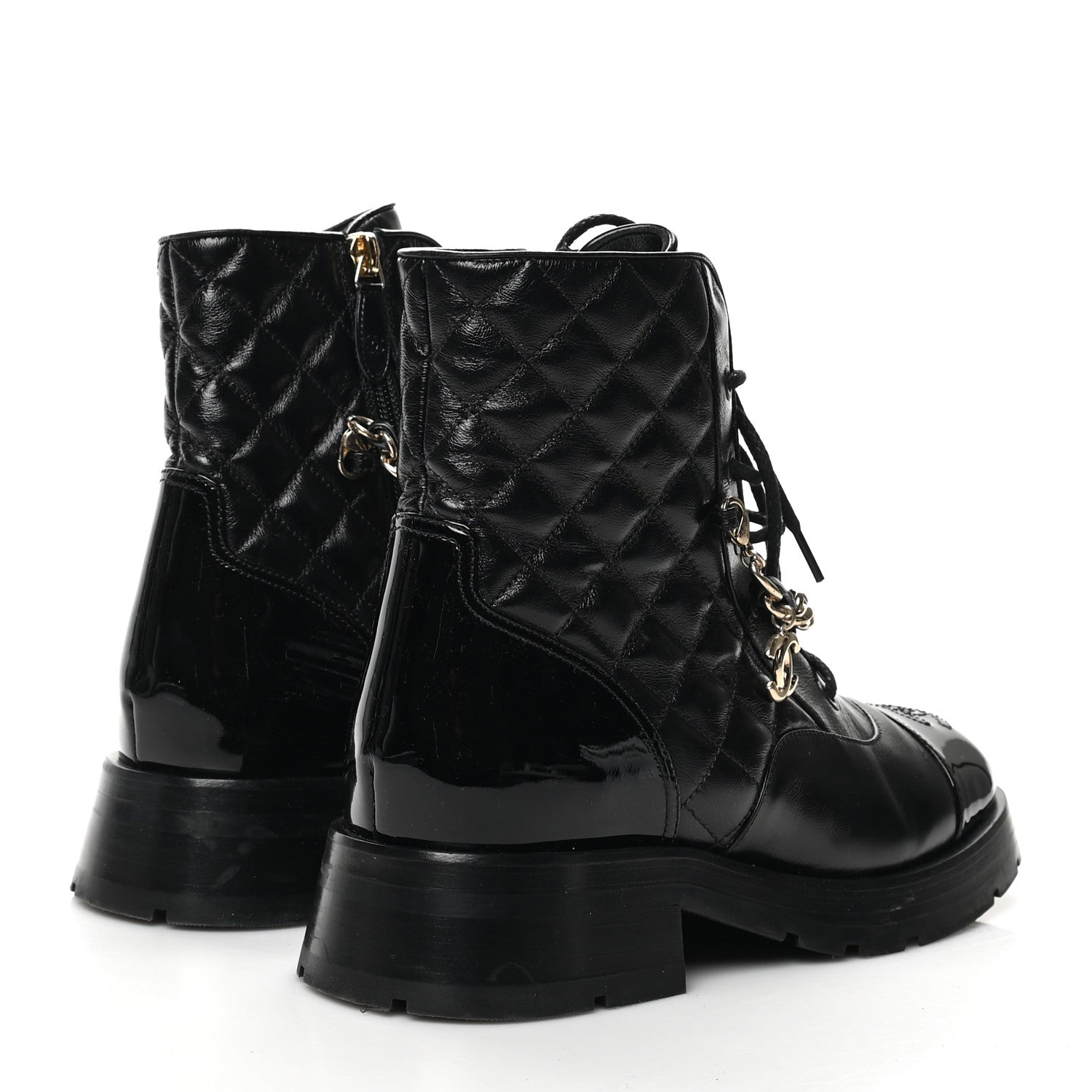 Chanel Shiny Calfskin Patent Quilted Chain Lace Up Combat Boots 38 Black 4 of 8