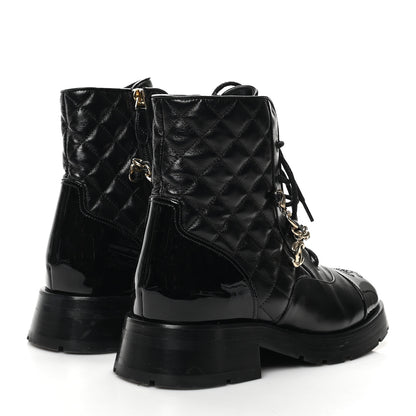 Chanel Shiny Calfskin Patent Quilted Chain Lace Up Combat Boots 38 Black 4 of 8
