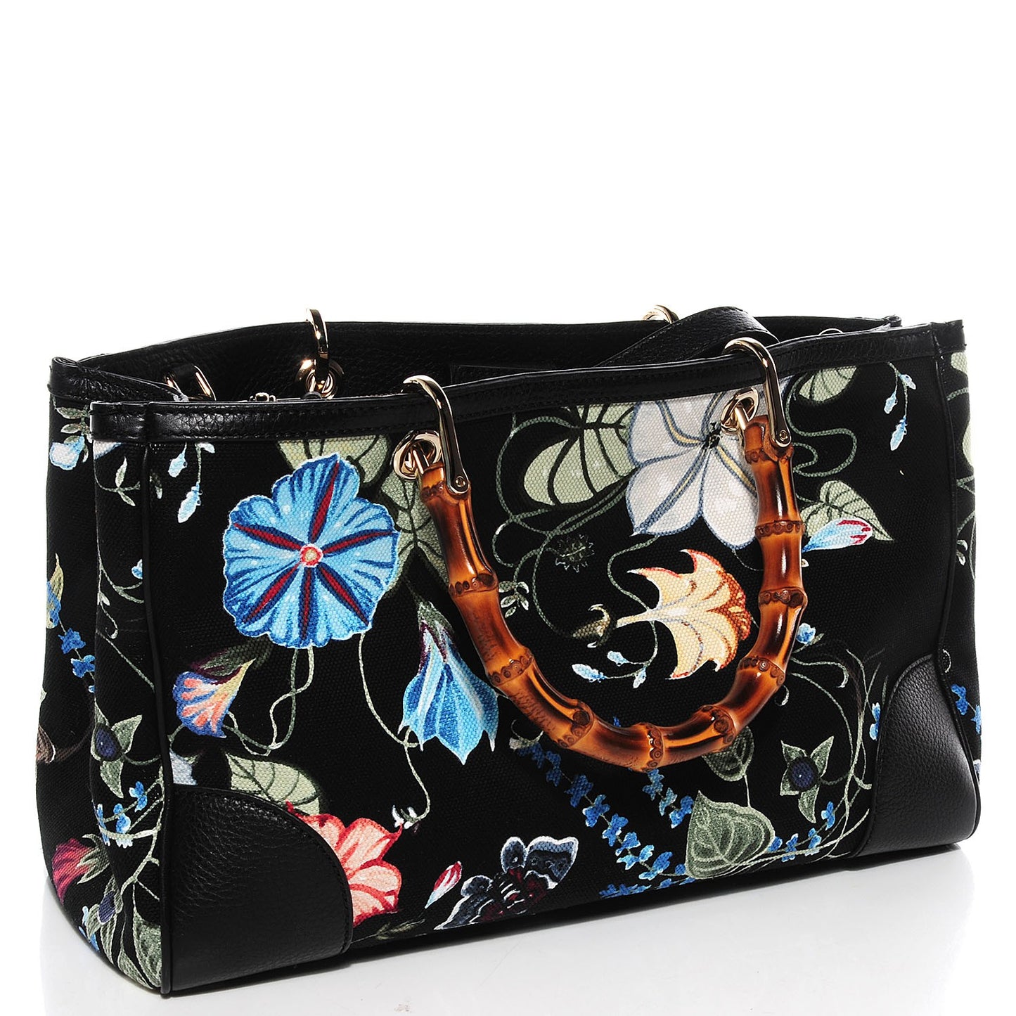 Canvas Cellarius Calfskin Flora Knight Medium Bamboo Shopper Tote Black