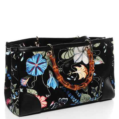Gucci Canvas Cellarius Calfskin Flora Knight Medium Bamboo Shopper Tote Black 4 of 10