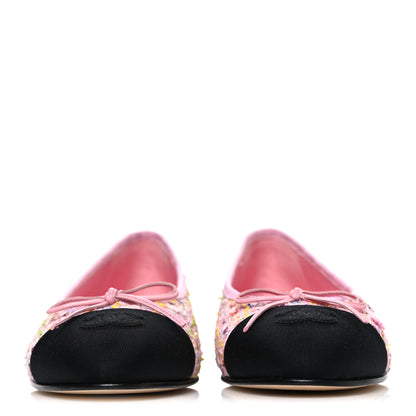 Chanel Tweed Sequin Grosgrain Cap Toe Ballet Flats 37.5 Light Pink Multicolor Black 3 of 11
