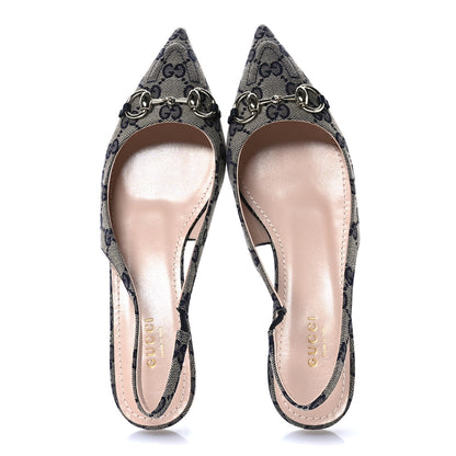 Gucci Monogram Horsebit Womens Slingback Ballet Flat 36.5 Beige Blue 2 of 9