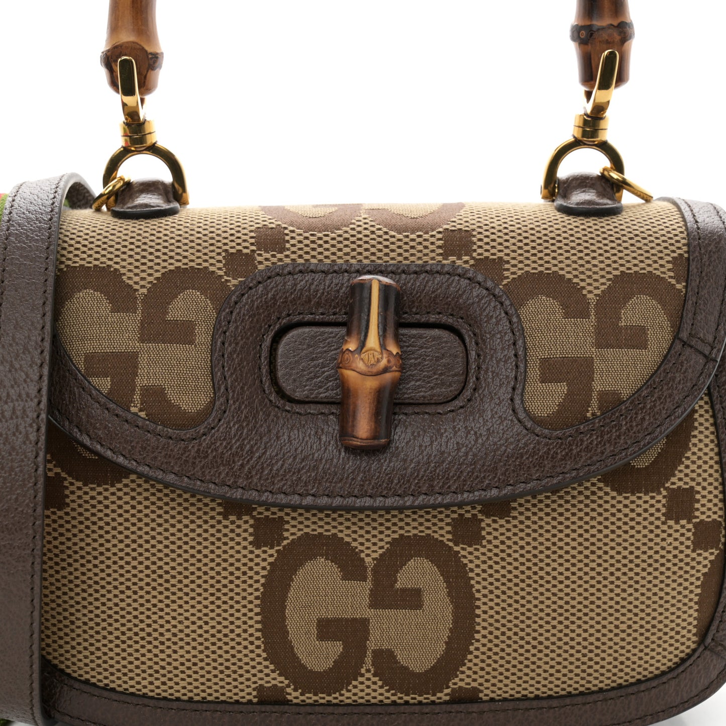 Monogram Jumbo GG Textured Dollar Calfskin Web Small Bamboo 1947 Top Handle Bag Camel Ebony New Acero