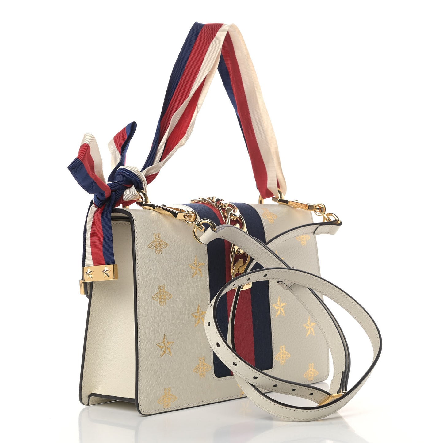 Textured Calfskin Bee Star Print Small Sylvie Shoulder Bag Mystic White