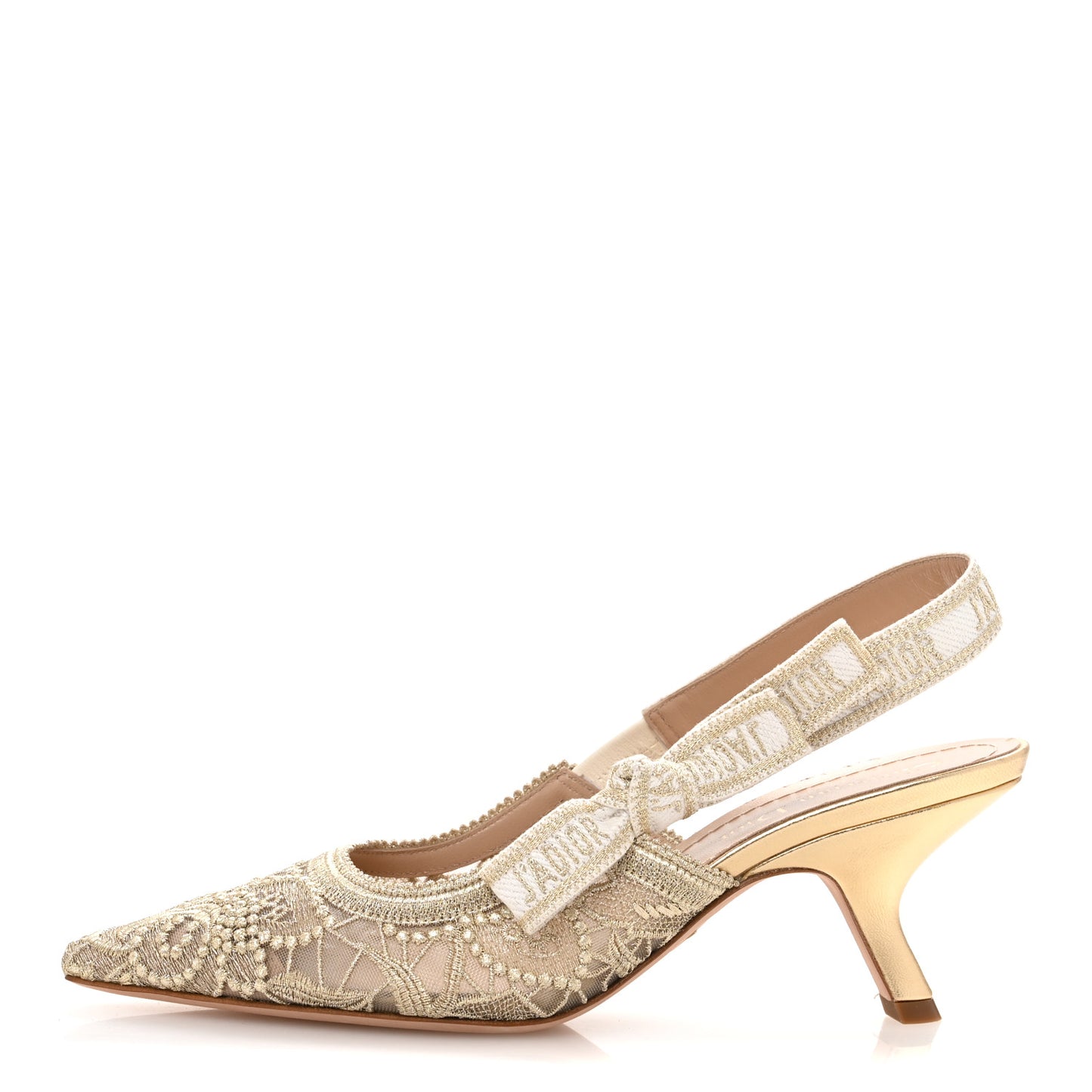 Transparent Metallic Embroidered Mesh Macrame Constantine Embroidered J'Adior Slingback 65mm Pumps 37.5 Pale Gold