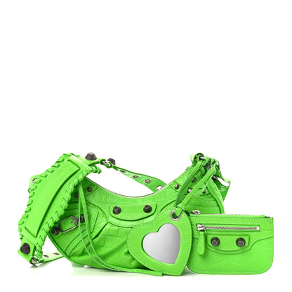 Balenciaga Extra Supple Calfskin Crocodile Embossed Le Cagole Shoulder Bag XS Acid Green 1 of 11