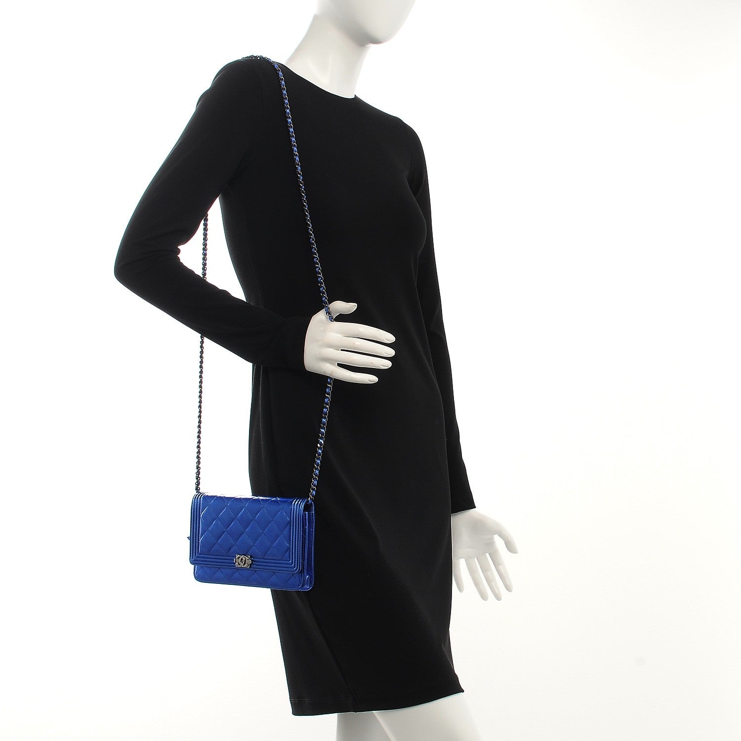 Chanel Metallic Patent Calfskin Quilted Boy Wallet On Chain WOC Blue 2 of 10