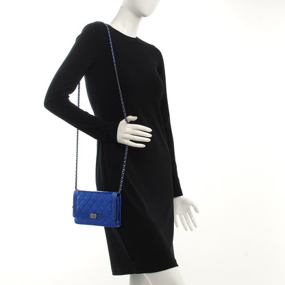 Chanel Metallic Patent Calfskin Quilted Boy Wallet On Chain WOC Blue 2 of 10